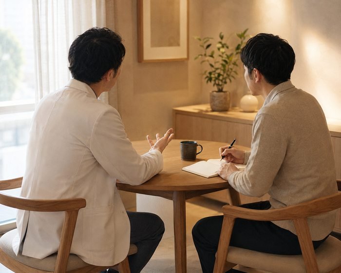 事前ヒアリングの様子。テーブルを挟んでノートを取りながら話している。