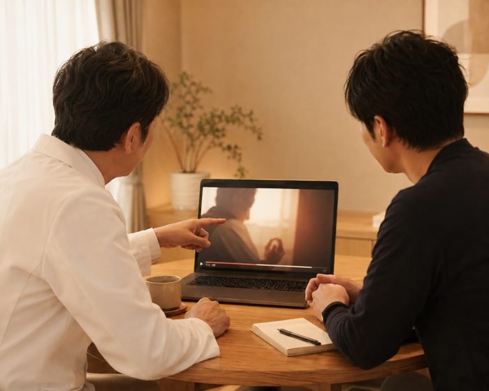確認・修正の様子。編集後の動画を一緒に確認している。