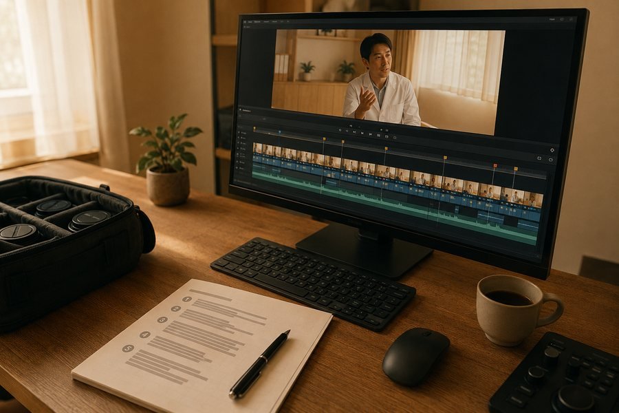 長尺動画の編集画面。横型のタイムラインを確認している様子。